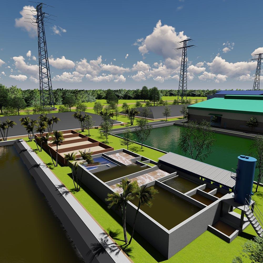 hệ thống xử lý nước thải chăn nuôi hiện đại, bao gồm nhiều bể và công trình